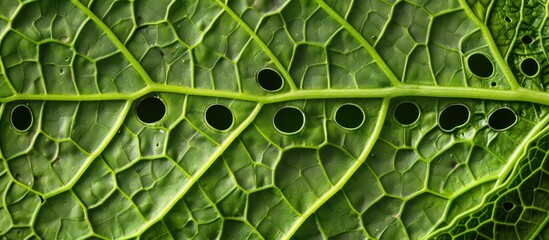 Aufkleber - Close up of a fresh green leaf with hollow circles in an abstract natural pattern creating an ideal background for text or images. copy space available