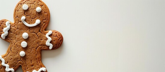 Poster - A gingerbread man with buttons photographed against a white backdrop displaying ample copy space image