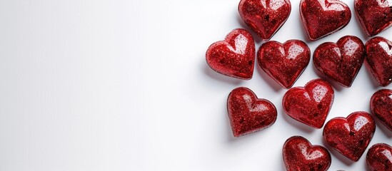 Aufkleber - Valentine s Day greeting card featuring hearts on a glossy white backdrop with room for text or images. copy space available