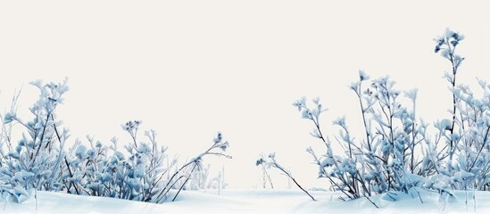 Poster - Snow covered plants and frozen branches on a winter landscape wallpaper with a white background perfect for adding text or graphics with copy space image