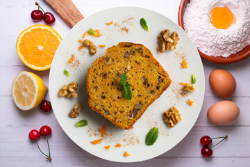 Delicious piece of carrot cake with walnuts.