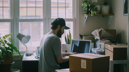 Sticker - A man in a casual outfit sits at a desk in a home office filled with plants and boxes, engrossed in his work with a soft daylight illuminating the space.