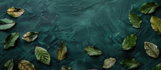 Aufkleber - Engraved leaves arranged on a dark green table background with ample copy space image