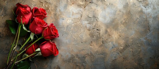 Poster - Top view of a Valentine s Day greeting card featuring a beautiful bouquet of red roses on a stone background with ample space for your personalized message in the copy space image