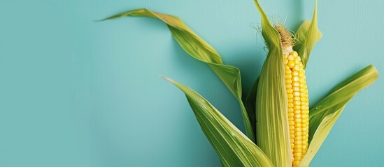 Poster - A yellow corn cob with green husk on a bright surface providing copy space for text or images is shown in close up