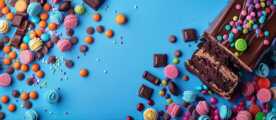 Poster - Colorful candy chocolate and cake creating an enticing copy space image