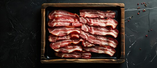 Aufkleber - Sliced smoked pork bacon on wooden tray against a black background viewed from the top with ample copy space image