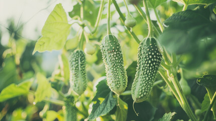 Wall Mural - Close-up of cucumbers hanging amidst lush green foliage in a garden, depicting nature's bounty in summer.