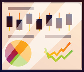 Poster - Business chart is displaying market data analytics with a candlestick chart, pie chart and line graph