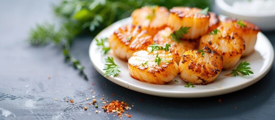 Poster - Scrumptious fried scallops presented on a white plate with copy space image available