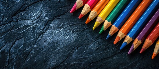 Poster - Top view of colored pencils on a black cardboard background symbolizing education in a high quality copy space image