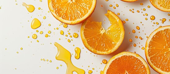 Poster - Isolated on a white background vibrant orange halves with a lot of juice visible providing an ideal copy space image