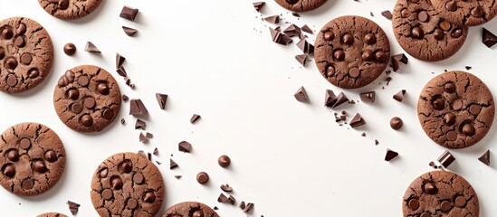 Poster - Create a background composition by framing your text with round cookies and chocolate pieces on a white background to incorporate a copy space image