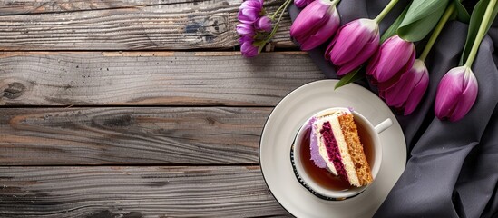 Wall Mural - Violet tulips a slice of cake and a cup of tea arranged on a rustic wooden table with ample copy space image