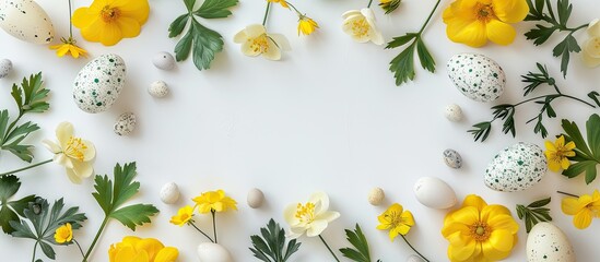 Poster - Easter greetings with a frame composed of yellow flowers green leaves and eggs on a white background perfect for copy space image