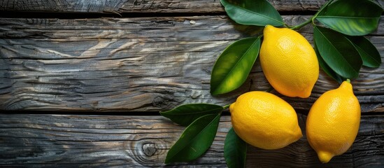 Poster - Three vivid yellow lemons with bright green leaves arranged elegantly on a wooden surface creating a picturesque copy space image