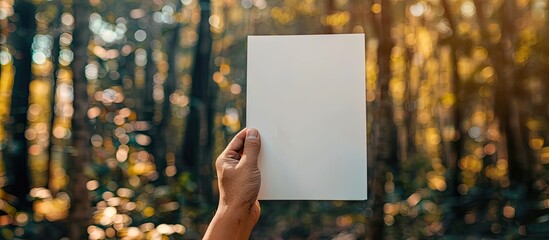 Aufkleber - A white paper is held against a backdrop of blurry trees for notes with space for text or an image. copy space available