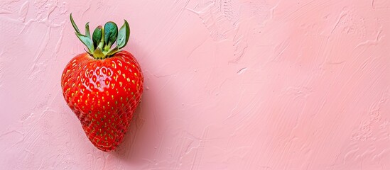 Poster - A strawberry rests on a pastel pink surface in a flat lay composition offering a top down view with ample copy space in the image
