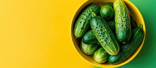 Aufkleber - A plethora of ripe green cucumbers neatly arranged in a yellow bowl for a top view close up shot perfect for a copy space image