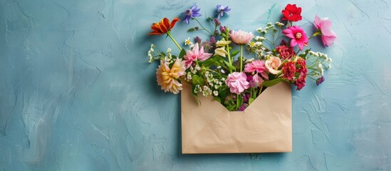 Poster - Flowers creatively arranged in envelope with ample copy space image