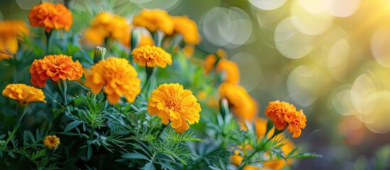 Poster - Marigold flowers blooming beautifully in the garden adding vibrant color to the surrounding with copy space image