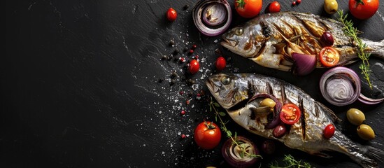 Poster - A black table displays two grilled Dorado fish adorned with onions olives tomatoes and herbs captured from the top with room for a copy space image