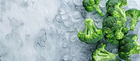 Poster - Fresh broccoli placed on ice with a background for text showing a top view for a copy space image