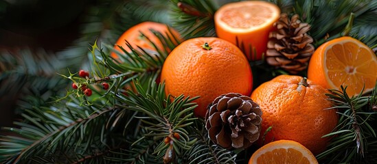 Fototapete - Winter themed background featuring tangerines a fir branch wreath and selective focus for copy space image during Christmas and New Year celebrations