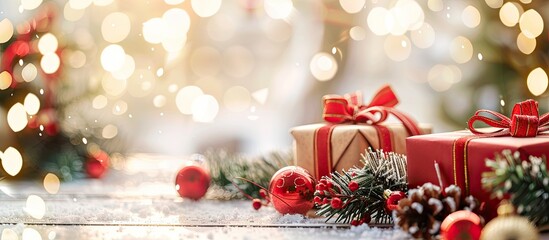 Aufkleber - Selective focus holiday with gift boxes decorations and a festive Christmas background creating a joyous atmosphere in the copy space image