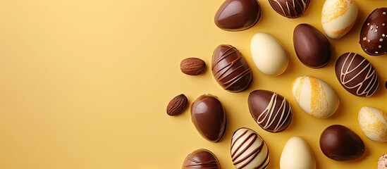 Aufkleber - Top view of Easter chocolate eggs candy on a soft yellow backdrop an imaginative flat lay concept with a copy space image integrated seamlessly