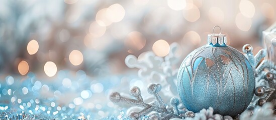 Poster - Close up of a Christmas blue ball and silver decoration on a blurred background with copy space image