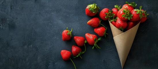 Poster - Fresh red strawberries arranged on a paper cone against a dark background creating a stylish copy space image