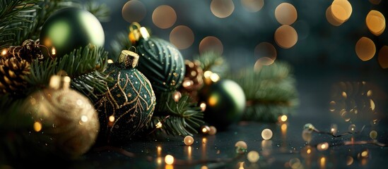 Poster - Christmas decorations in green and gold hues adorning a table with a dark backdrop presenting a festive ambiance with copy space image