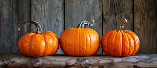 Poster - Three pumpkins are displayed on a wooden table with copy space image