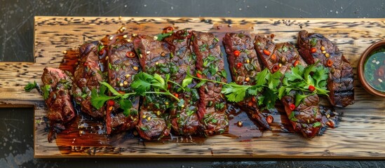 Poster - Top down view of a wooden board showcasing a spiced and herbed grilled beef steak ideal for a copy space image