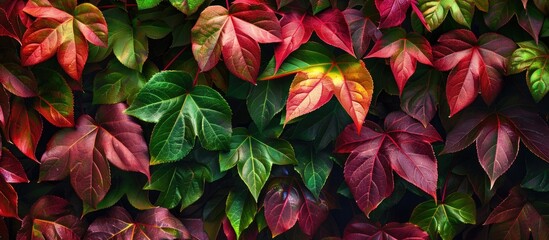 Poster - Vibrant burgundy and green leaves of Parthenocissus quinquefolia on a house wall ideal for autumn themed copy space image with space for text integration