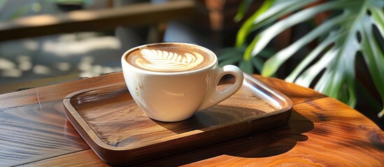 Aufkleber - Cappuccino coffee cup with latte art on a wooden tray displayed on a cafe table ideal as a copy space image