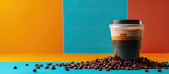 Aufkleber - Delicious coffee in a plastic cup with beans on a colorful backdrop surrounded by copy space image