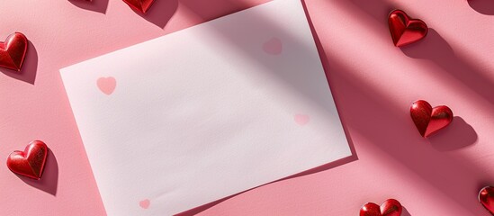 Poster - A blank sheet of paper on a pink surface with Valentine hearts casting shadows a perfect template for your greeting card design Top view with a mock up and copy space image available