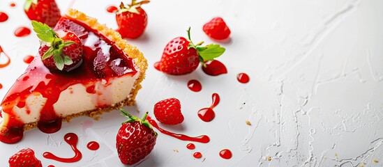 Poster - New York cheesecake topped with delicious strawberry sauce against a white background with ample copy space image