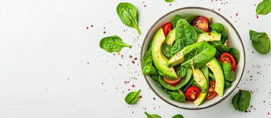 Aufkleber - A vegan healthy avocado and spinach salad is set against a white background with ample copy space image