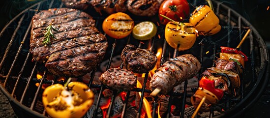 Poster - A variety of tasty grilled meats and vegetables over hot coals on a barbecue with copy space image