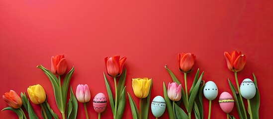 Canvas Print - A row of tulips with Easter eggs against a red backdrop makes a festive copy space image