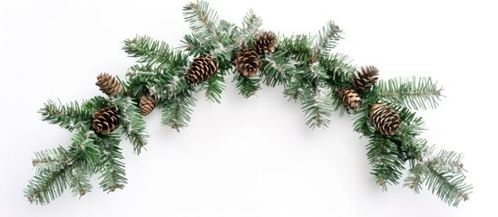 Wall Mural - Christmas themed border on white background featuring an expansive arch shape created from fresh fir branches and cones perfect for adding copy space image