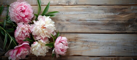 Poster - Floral peonies elegantly displayed on a rustic wooden background creating a visually appealing copy space image