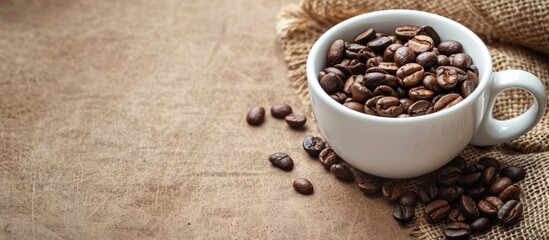 Aufkleber - A white cup with roasted coffee beans on sackcloth can serve as a copy space image backdrop