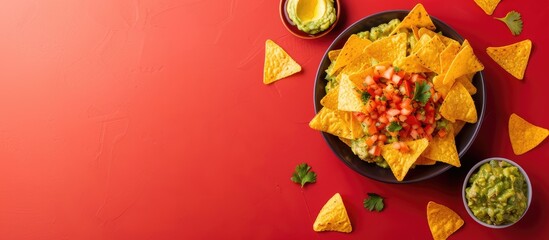 Poster - Plate with delicious nachos and guacamole on a colorful background with empty space for text or other elements in the image. copy space available