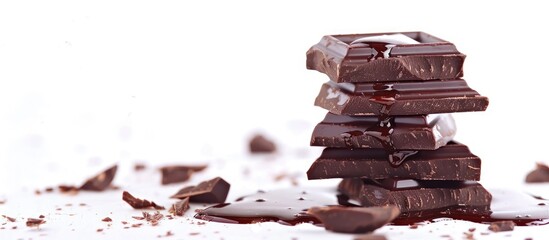 Poster - Dark chocolate pieces stacked with chocolate syrup on a white background ideal for showcasing with copy space image included