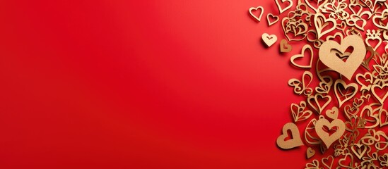 Poster - Valentine s Day concept with heart shaped gold paper cutouts on a vibrant red backdrop perfect for use as a copy space image