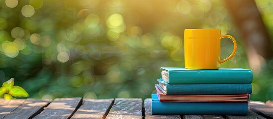 Aufkleber - Colorful books and a cup placed on a wooden table against a blurred natural backdrop Ideal for back to school themes with ample copy space image